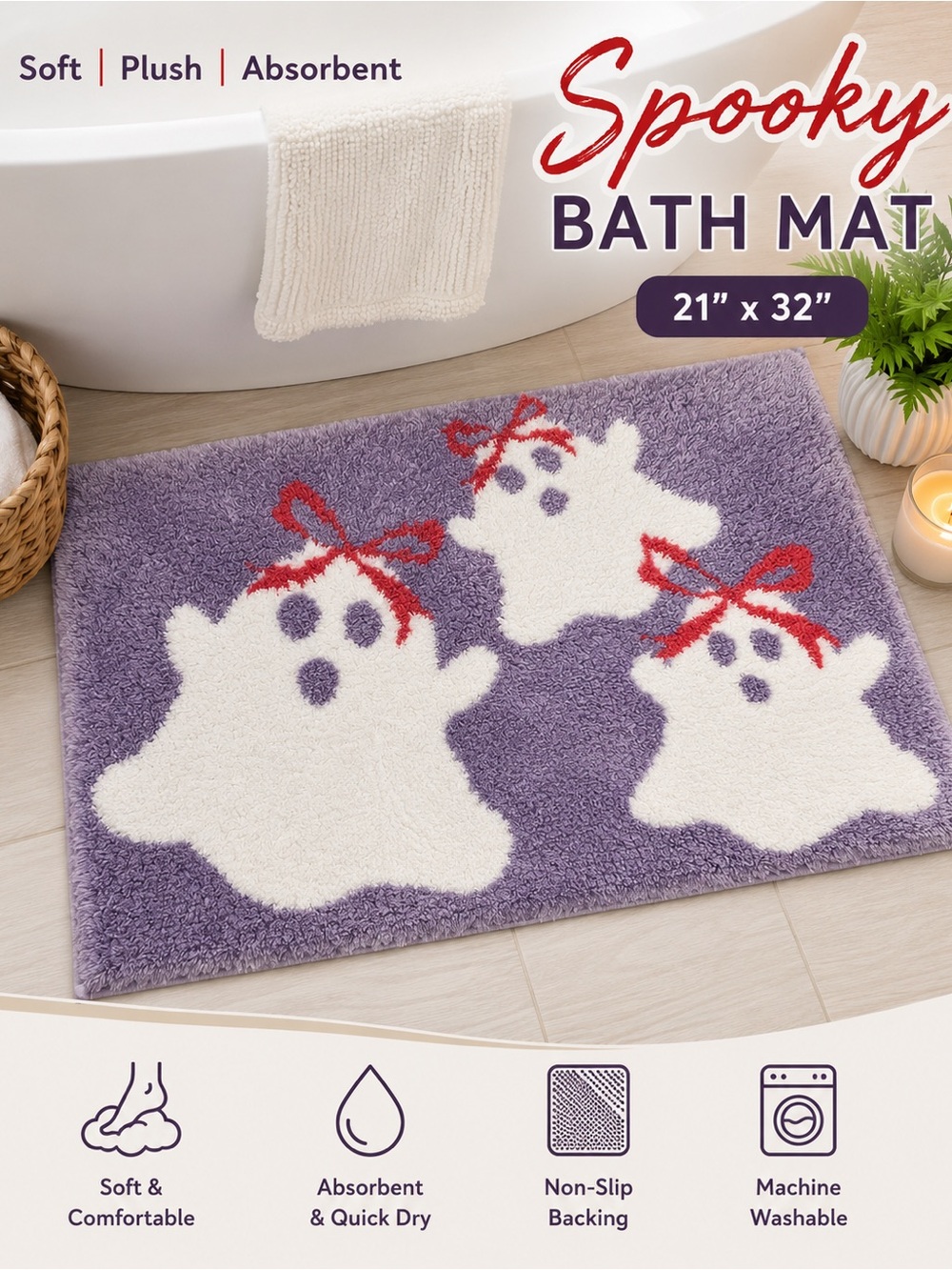 Spooky Ghost Plush Bath Mat - Purple & White